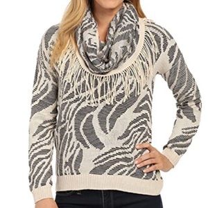 Nic+Zoe Cream Black Abstract Zebra Printed Oasis Fringe Scarf Top Knit Sweater